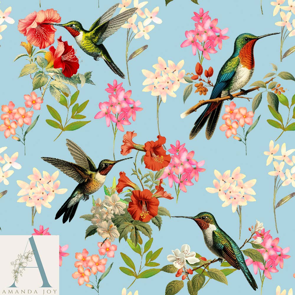 Hummingbird Fabric on Sky Blue