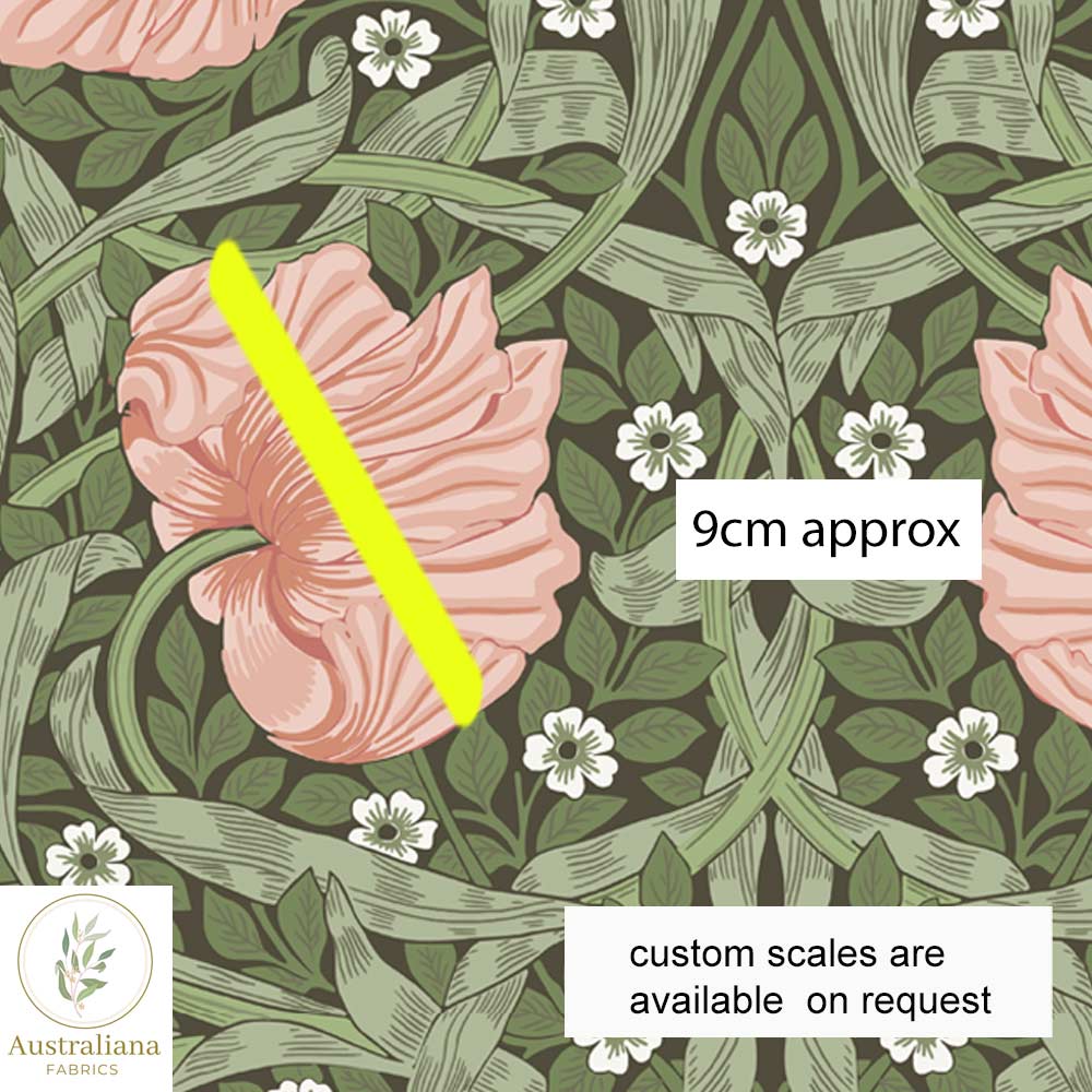 Amanda Joy Fabrics Fabric 1 metre / 100% Linen Medium / Large William Morris Pimpernel Olive & Peach