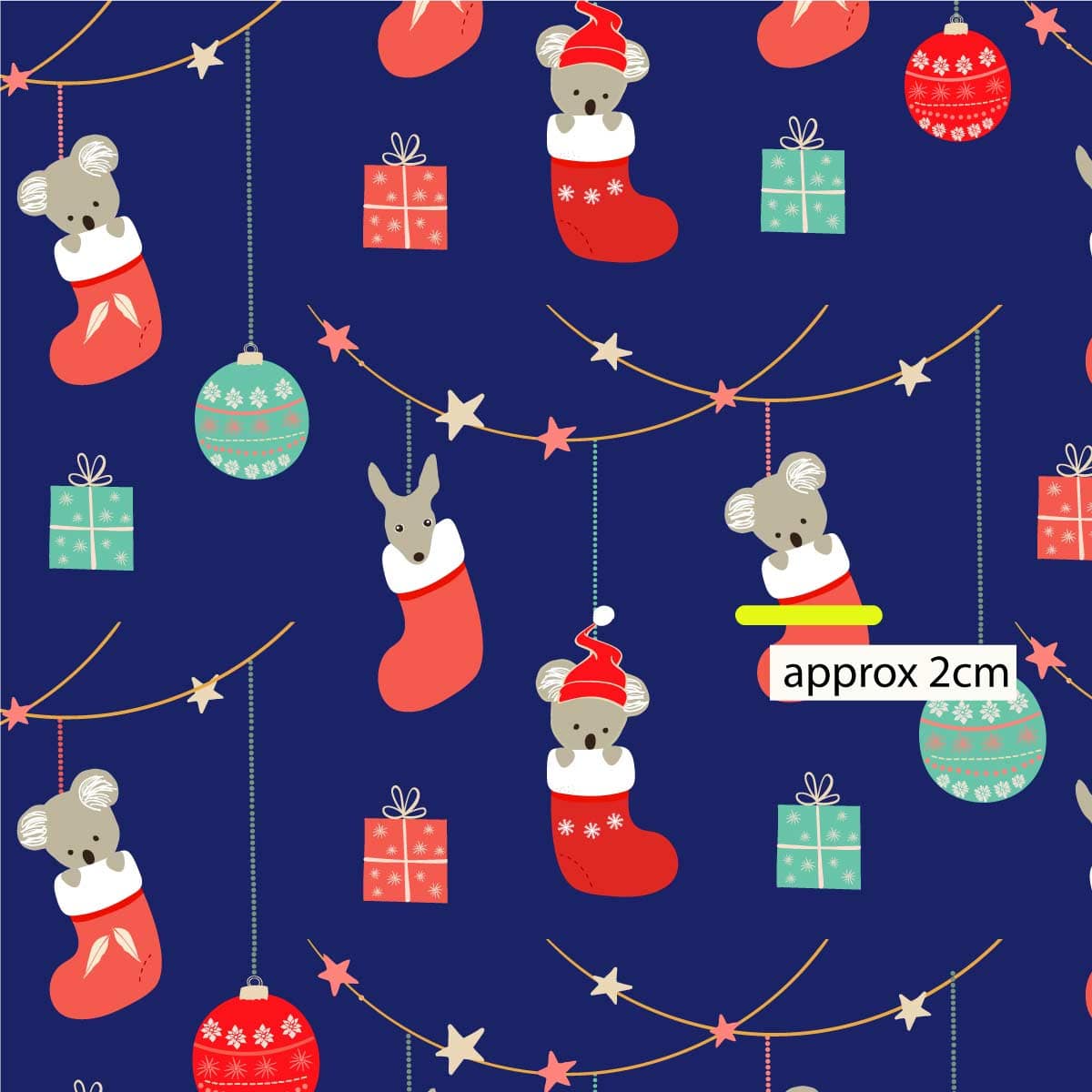 Amanda Joy Fabrics Fabric 1 Metre / Premium woven 100% cotton sateen 150gsm Koala & Kangaroo Christmas Stockings Fabric blue