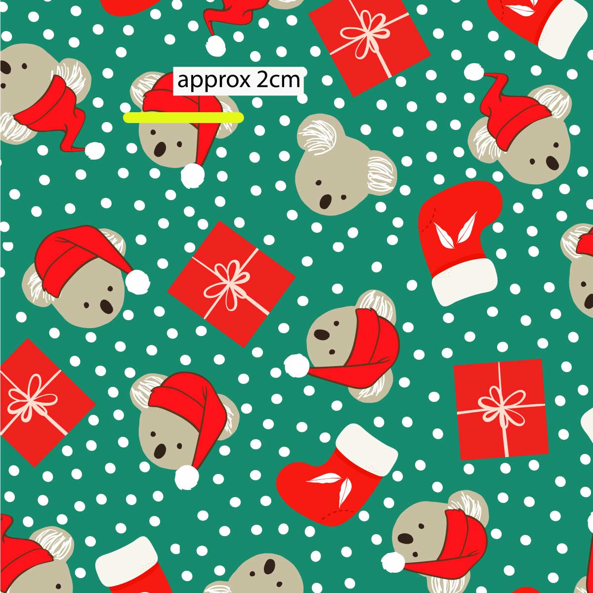 Amanda Joy Fabrics Fabric 1 Metre / Premium woven cotton sateen 150gsm Christmas Koalas & Presents Green - Australian made
