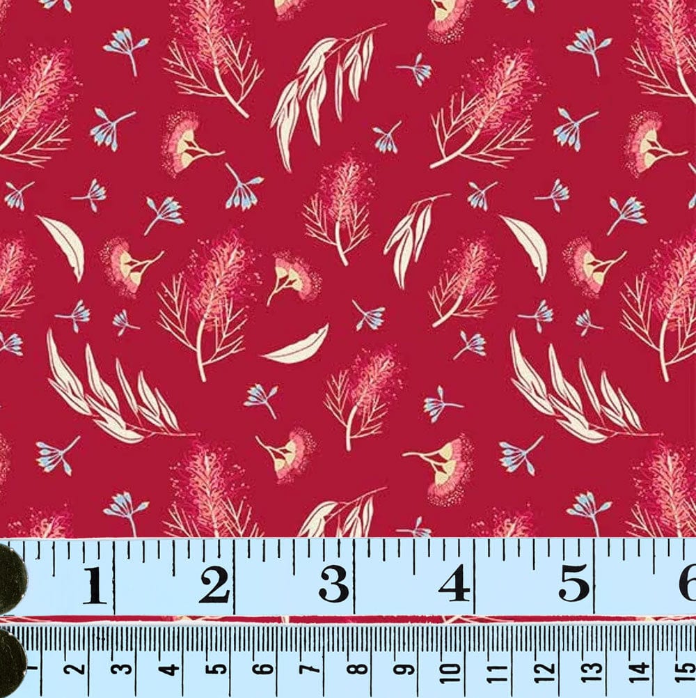 Amanda Joy Fabrics Fabric 1 Metre / Premium woven cotton sateen 150gsm Grevillea & Gumnuts on Red