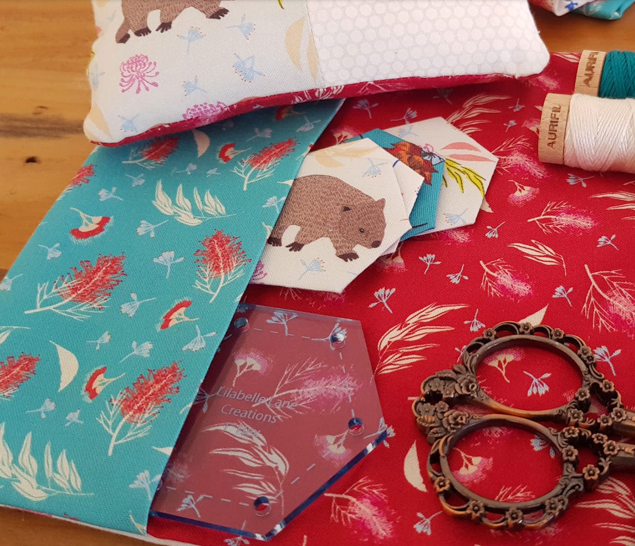 Amanda Joy Fabrics Fabric 1 Metre / Premium woven cotton sateen 150gsm Grevillea & Gumnuts on Red