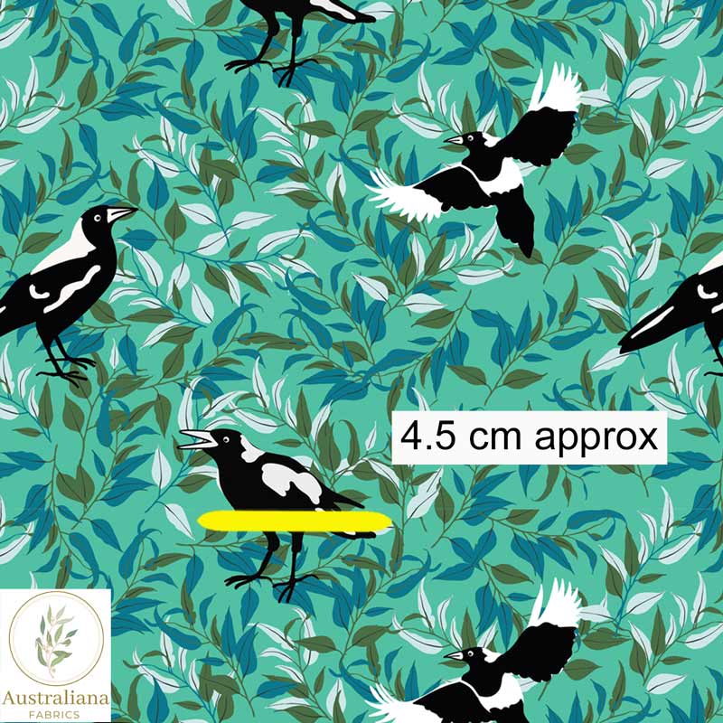 Amanda Joy Fabrics Fabric 1 Metre / Premium woven cotton sateen 150gsm Magpies in the Bush Green