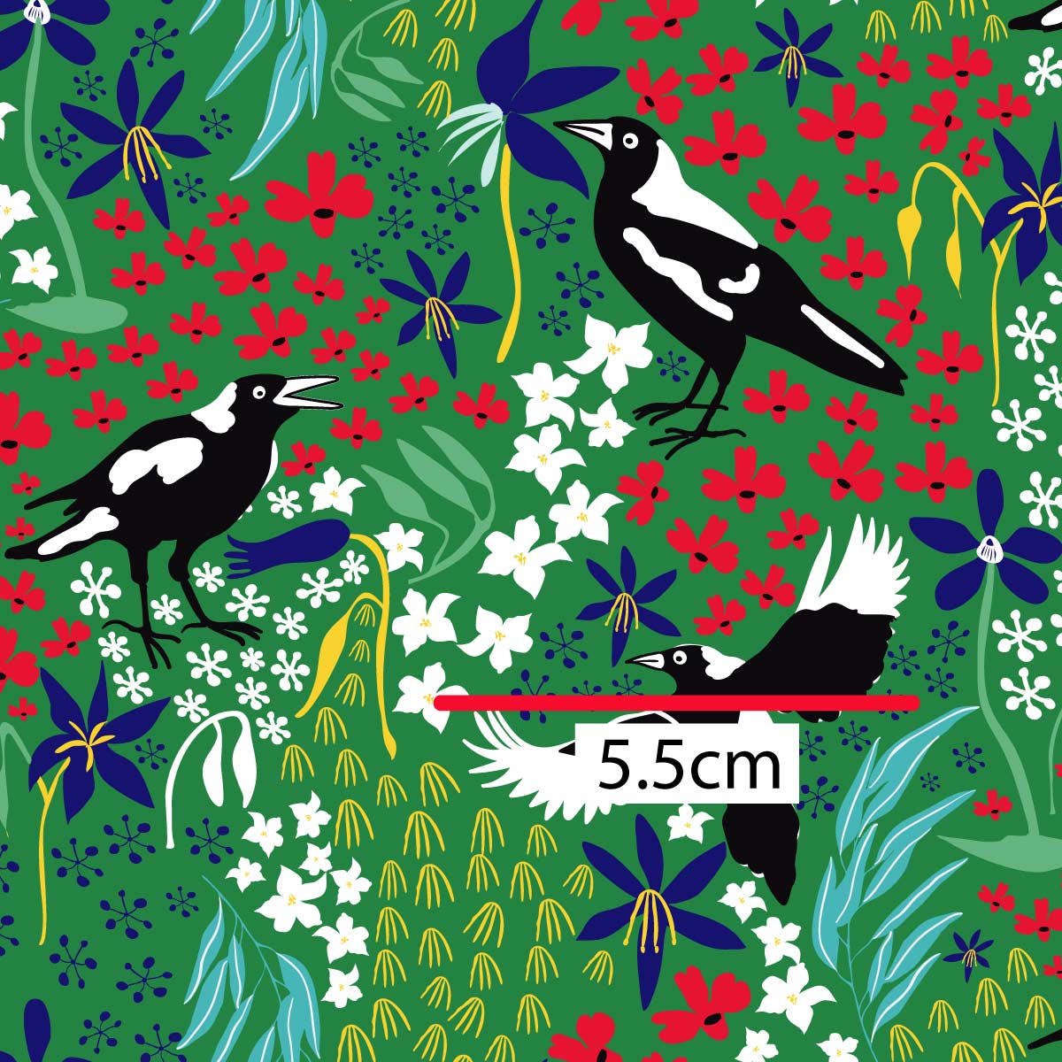 Amanda Joy Fabrics Fabric 1 Metre / Premium woven cotton Sateen 150gsm Merry Magpie on Green