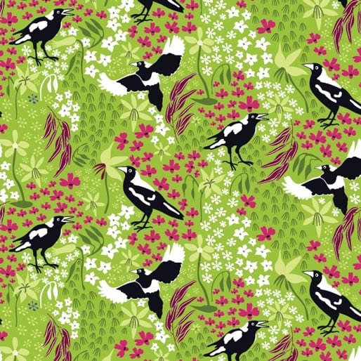 Amanda Joy Fabrics Fabric 1 Metre / Premium woven cotton sateen 150gsm Merry Magpies Fabric on Lime