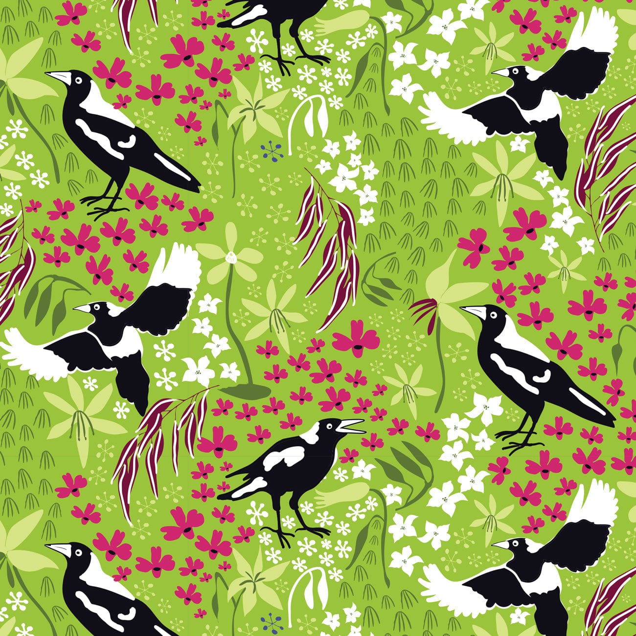 Amanda Joy Fabrics Fabric 1 Metre / Premium woven cotton sateen 150gsm Merry Magpies Fabric on Lime