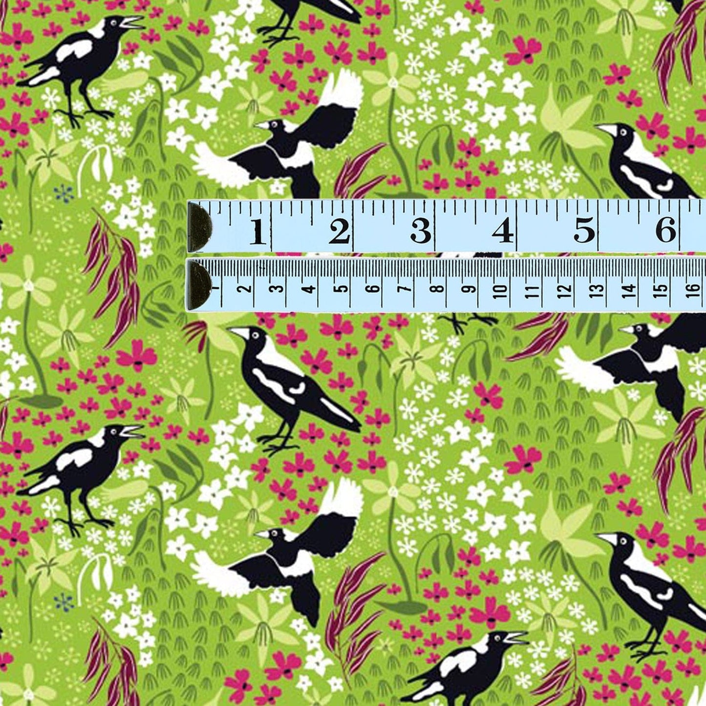 Amanda Joy Fabrics Fabric 1 Metre / Premium woven cotton sateen 150gsm Merry Magpies Fabric on Lime
