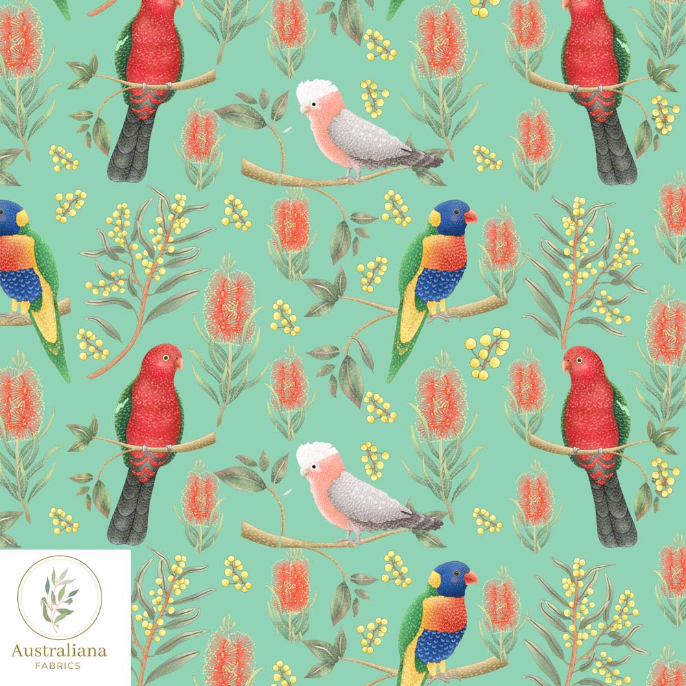 Amanda Joy Fabrics Fabric 100% Linen 220gsm / 1 metre / Vibrant Green Rainbow Lorikeet, King Parrot & Galah - Interiors & Upholstery