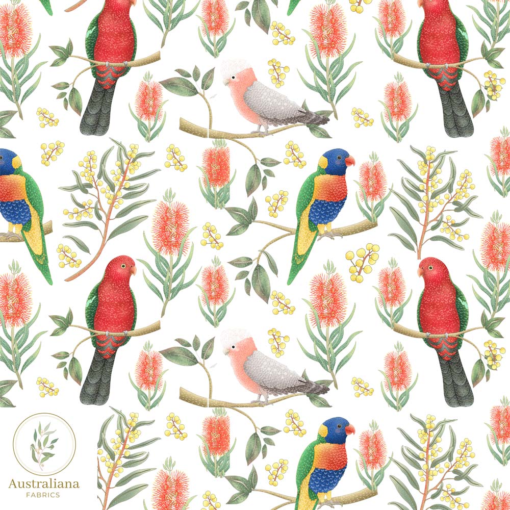 Amanda Joy Fabrics Fabric 100% Linen 220gsm / 1 metre / White Rainbow Lorikeet, King Parrot & Galah - Interiors & Upholstery