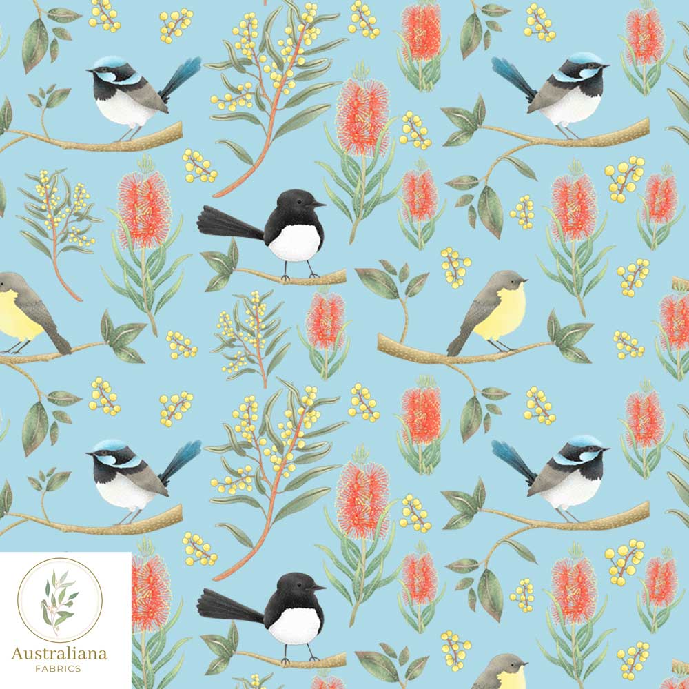 Amanda Joy Fabrics Fabric Cotton sateen / 1 metre / Blue Willie Wagtails, Blue Wren & Robins