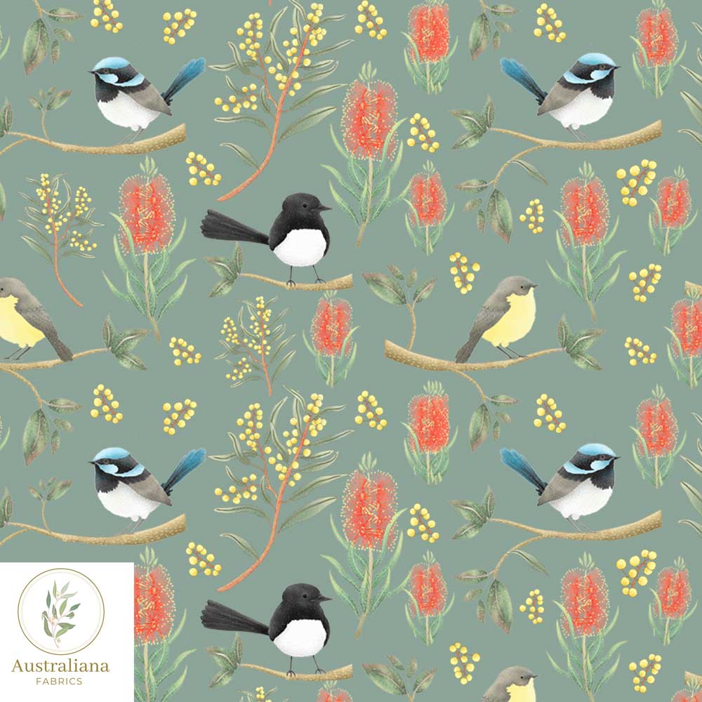 Amanda Joy Fabrics Fabric Cotton sateen / 1 metre / Sage Green Willie Wagtails, Blue Wren & Robins