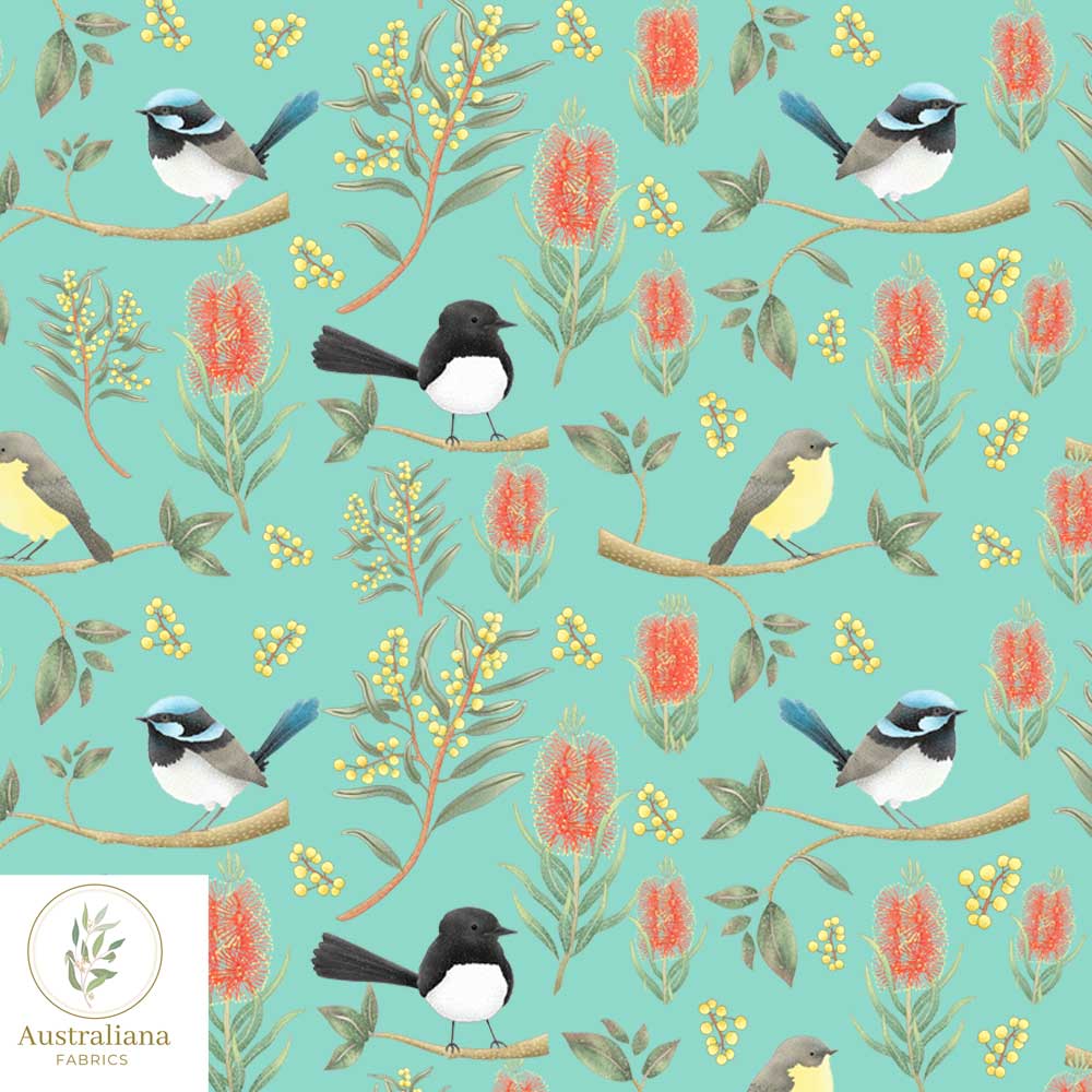 Amanda Joy Fabrics Fabric Cotton sateen / 1 metre / Vibrant Green Willie Wagtails, Blue Wren & Robins