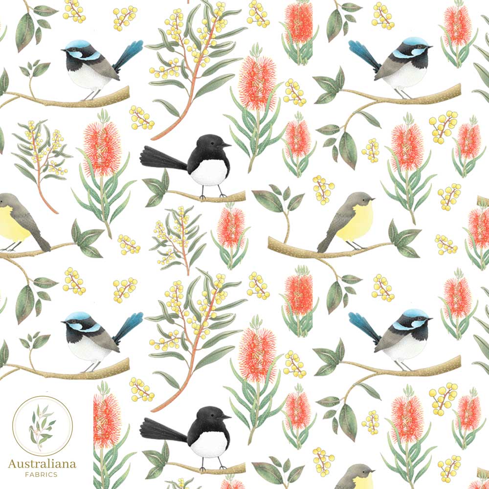 Amanda Joy Fabrics Fabric Cotton sateen / 1 metre / White Willie Wagtails, Blue Wren & Robins