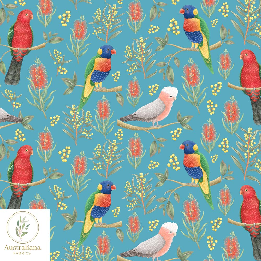 Amanda Joy Fabrics Fabric Organic Cotton Canvas 310gsm / 1 metre / Blue Rainbow Lorikeet, King Parrot & Galah - Interiors & Upholstery