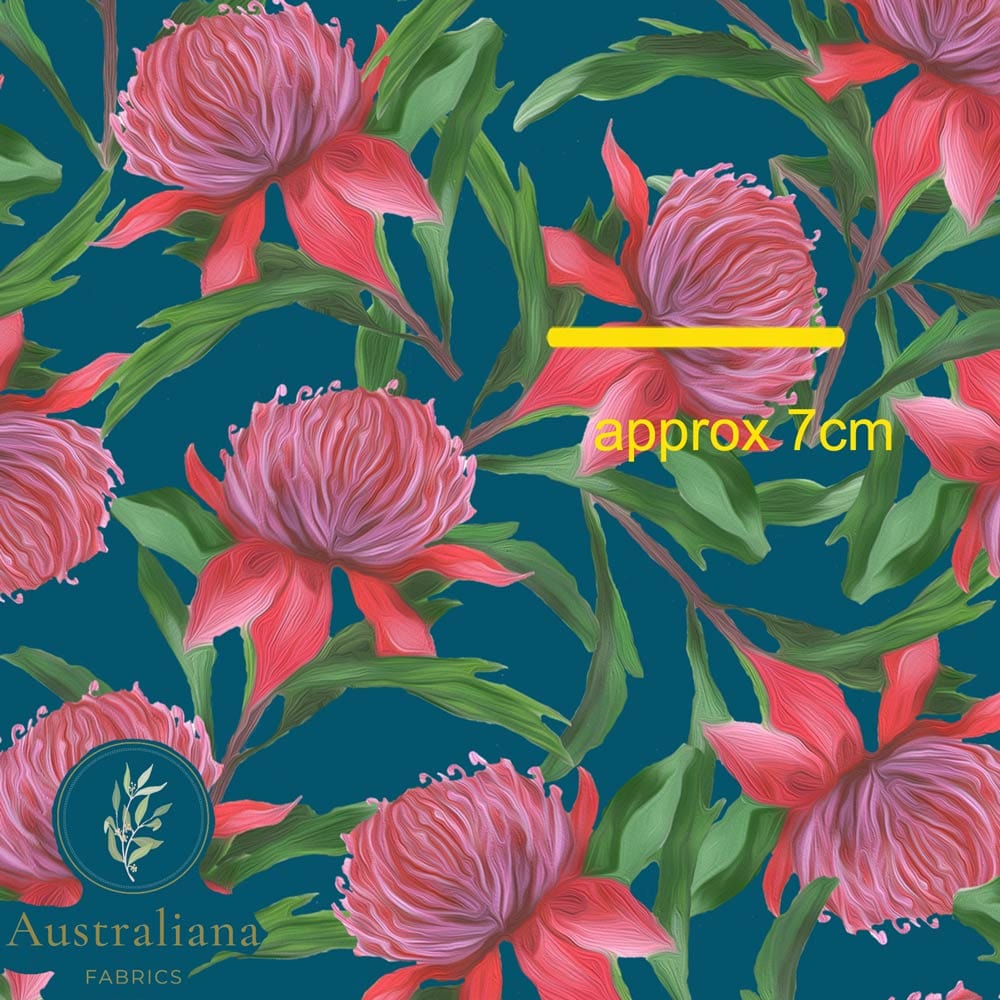 Amanda Joy Fabrics Fabric Premium Quality Woven Cotton sateen 150gsm / Length 50cm (Cut Continuous) Waratah on Blue