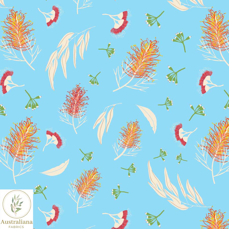 Amanda Joy Fabrics Fabric Premium Woven Cotton sateen 150gsm / 1 Metre Grevilleas & Gum Nuts Blue
