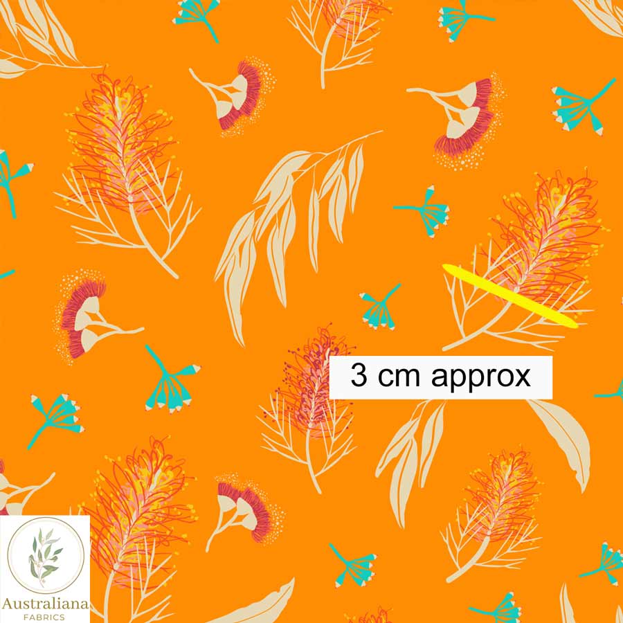 Amanda Joy Fabrics Fabric Premium Woven Cotton sateen 150gsm / 1 Metre Grevilleas & Gum nuts Orange