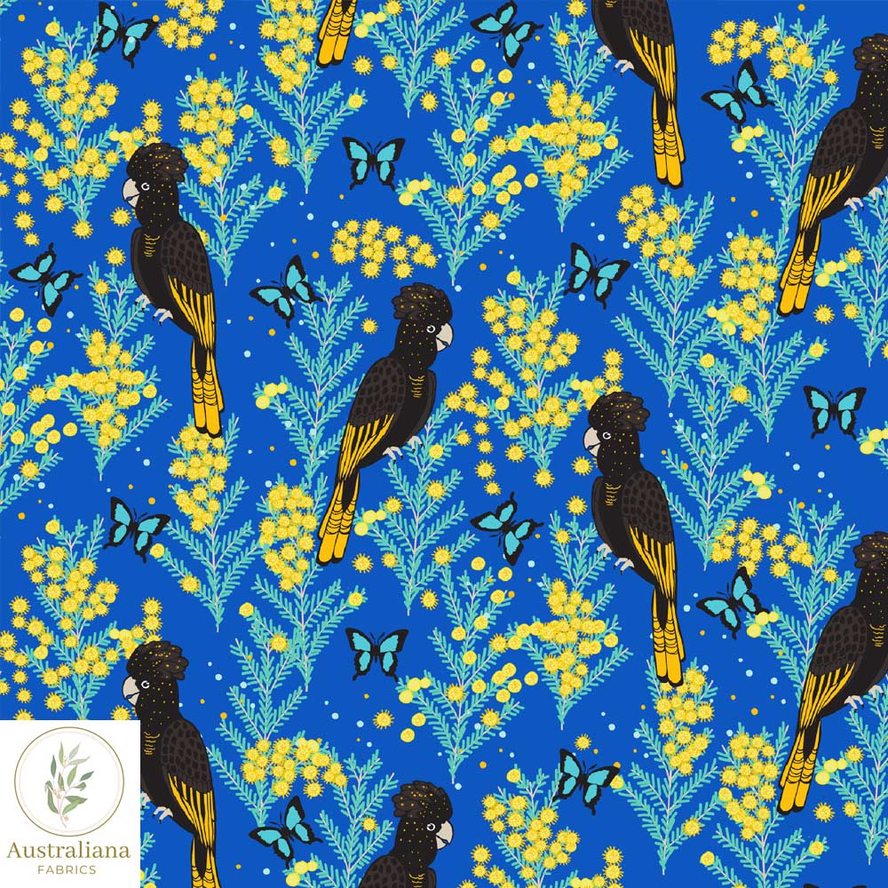 Amanda Joy Fabrics Fabric Yellow Tailed Black Cockatoo on blue, 50cm x 140cm