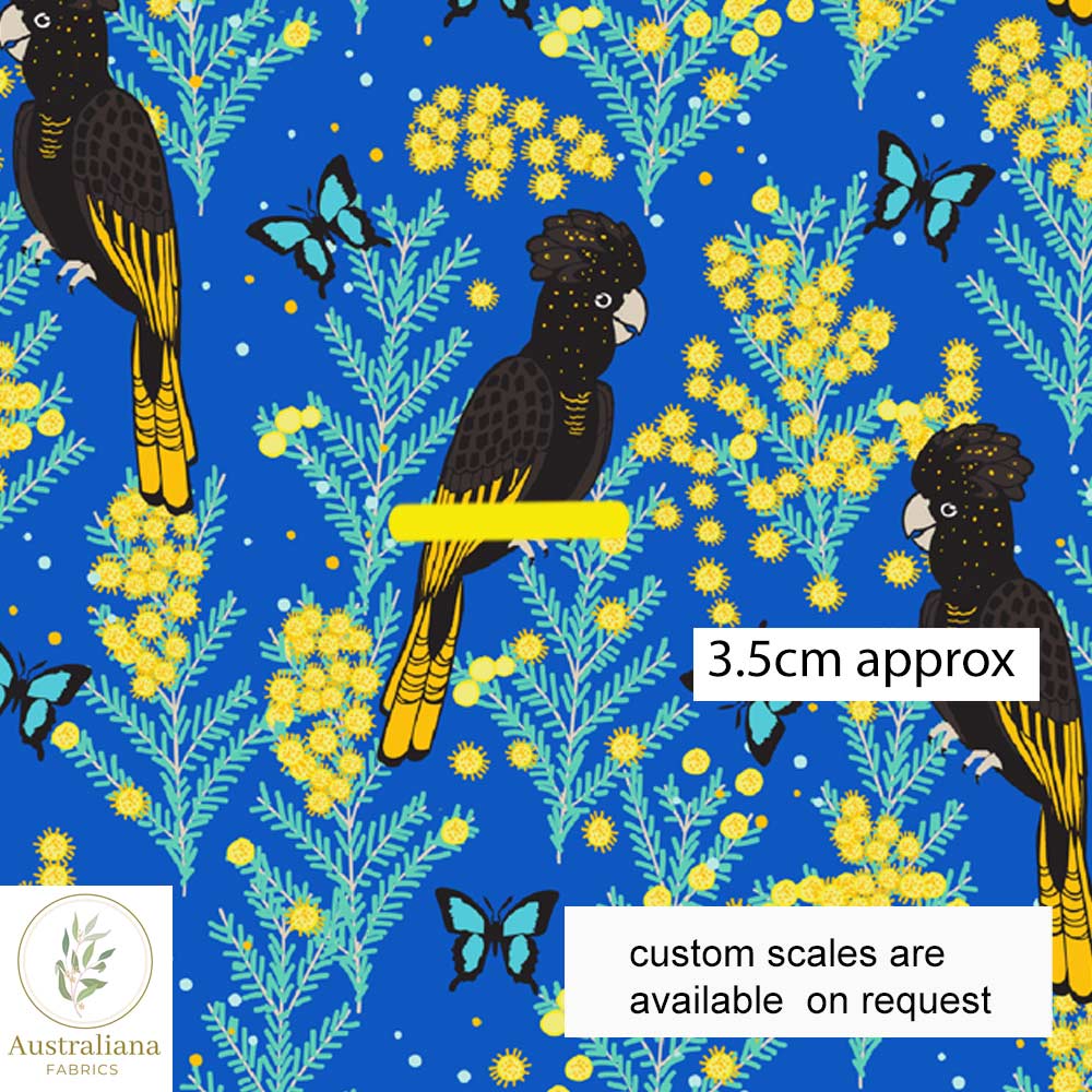 Amanda Joy Fabrics Fabric Yellow Tailed Black Cockatoo on blue, 50cm x 140cm