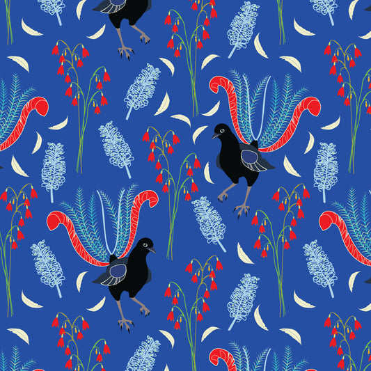 Lyrebird fabric on Blue