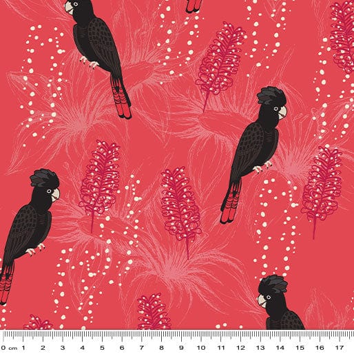 Amanda Joy Fabrics Fabric 1 Metre / Cotton Sateen Black Cockatoo Fabric on Red