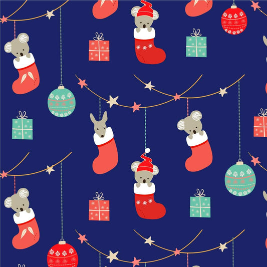 Amanda Joy Fabrics Fabric 1 Metre / Premium woven 100% cotton sateen 150gsm Koala & Kangaroo Christmas Stockings Fabric blue