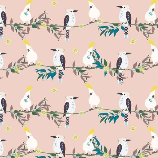 Amanda Joy Fabrics Fabric 1 Metre / Premium woven 100% cotton sateen 150gsm Kookaburra and Cockatoo fabric - Salmon