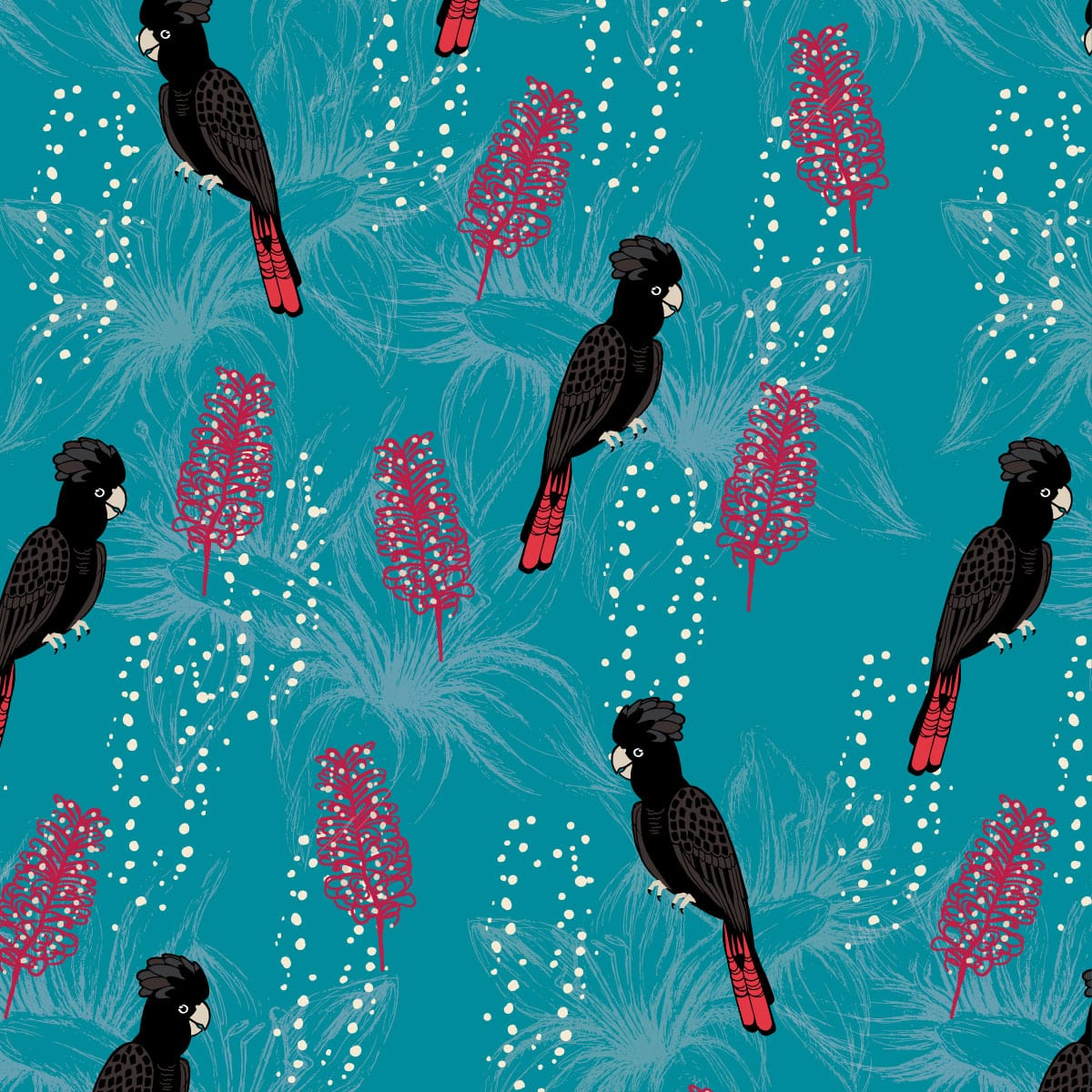 Amanda Joy Fabrics Fabric 1 Metre / Premium woven cotton sateen 150gsm Black cockatoo Fabric on Blue