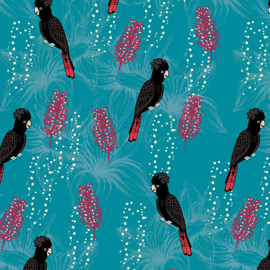 Amanda Joy Fabrics Fabric 1 Metre / Premium woven cotton sateen 150gsm Black cockatoo Fabric on Blue