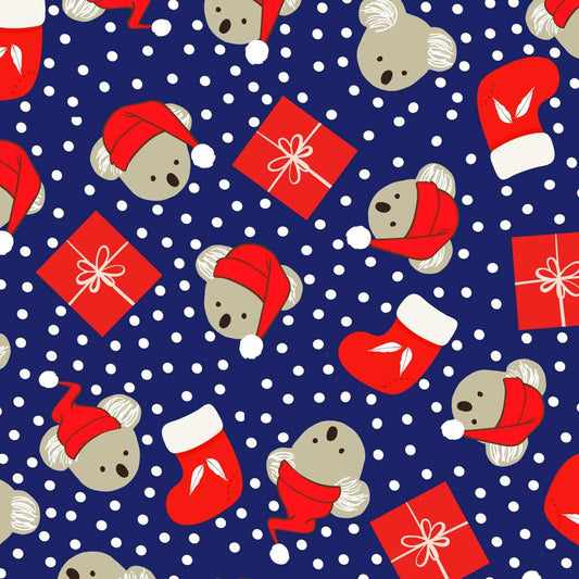 Amanda Joy Fabrics Fabric 1 Metre / Premium woven cotton sateen 150gsm Christmas Koalas & Presents Blue