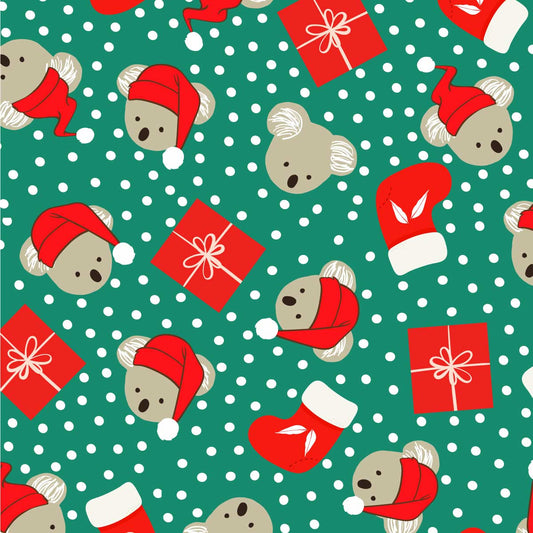 Amanda Joy Fabrics Fabric 1 Metre / Premium woven cotton sateen 150gsm Christmas Koalas & Presents Green - Australian made