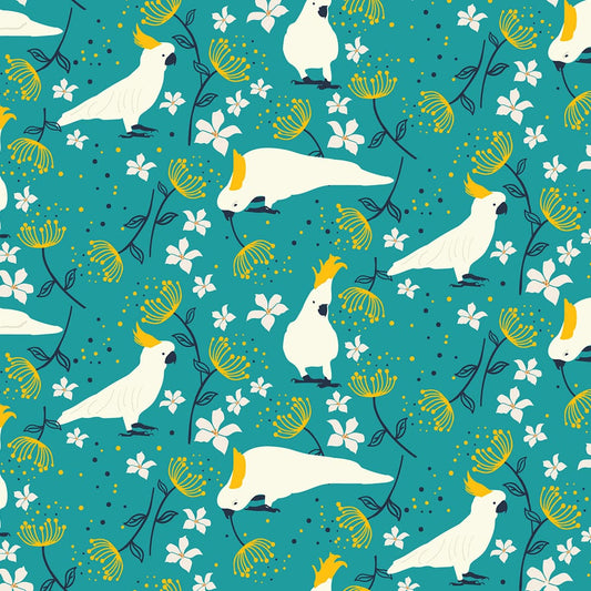 Amanda Joy Fabrics Fabric 1 Metre / Premium woven cotton sateen 150gsm Cockatoo fabric Aqua ~ Australian made