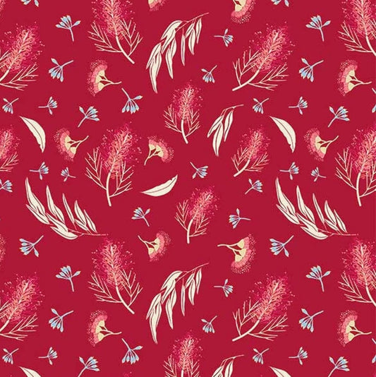 Amanda Joy Fabrics Fabric 1 Metre / Premium woven cotton sateen 150gsm Grevillea & Gumnuts on Red