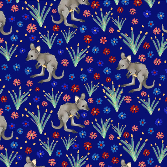Amanda Joy Fabrics Fabric 1 Metre / Premium woven cotton sateen 150gsm Joey Kangaroo Garden Fabric Blue