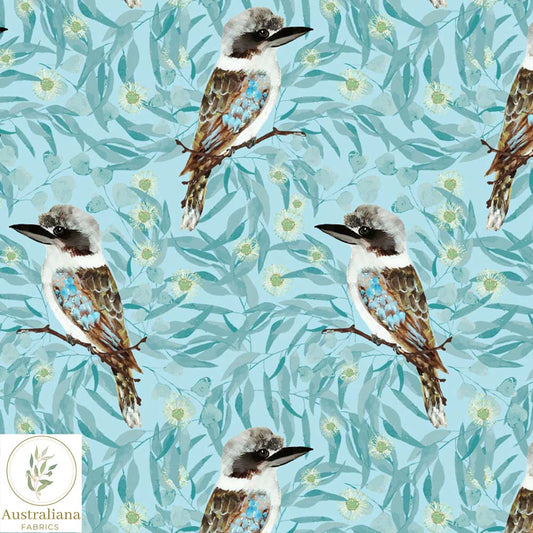 Amanda Joy Fabrics Fabric 1 Metre / Premium woven cotton sateen 150gsm Kookaburras Fabric Blue