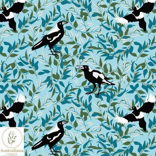 Amanda Joy Fabrics Fabric 1 Metre / Premium woven cotton sateen 150gsm Magpies in the Bush Blue