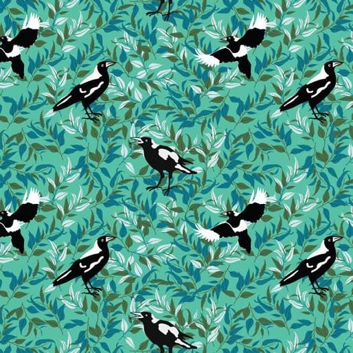 Amanda Joy Fabrics Fabric 1 Metre / Premium woven cotton sateen 150gsm Magpies in the Bush Green