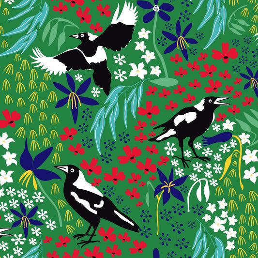Amanda Joy Fabrics Fabric 1 Metre / Premium woven cotton Sateen 150gsm Merry Magpie on Green