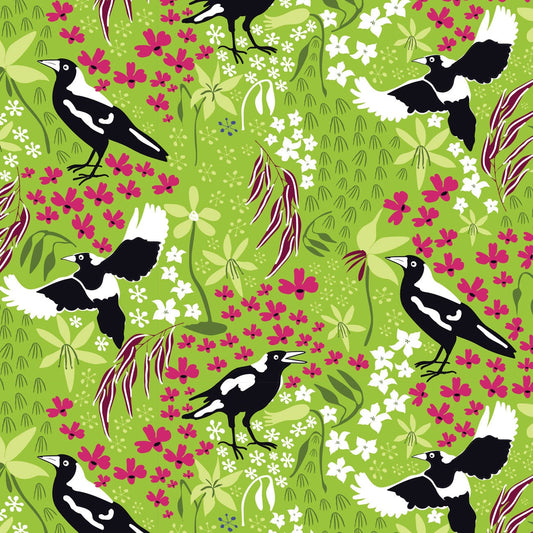 Amanda Joy Fabrics Fabric 1 Metre / Premium woven cotton sateen 150gsm Merry Magpies Fabric on Lime