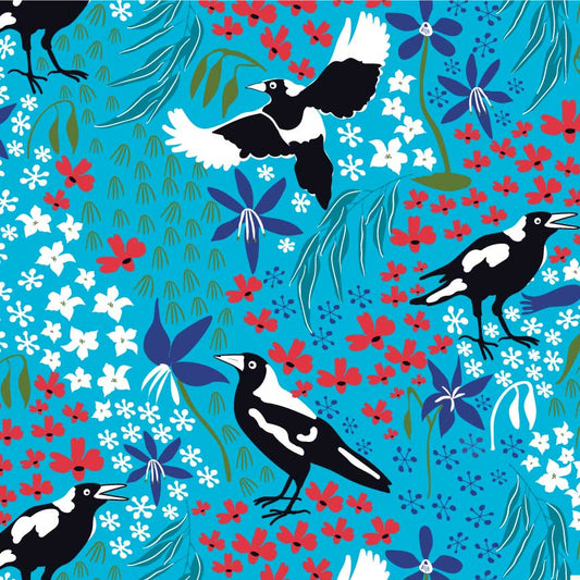 Amanda Joy Fabrics Fabric 1 Metre / Premium woven cotton Sateen 150gsm Merry Magpies Sky Blue