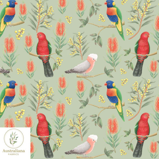 Amanda Joy Fabrics Fabric 100% Linen 220gsm / 1 metre / Sage Green Rainbow Lorikeet, King Parrot & Galah - Interiors & Upholstery