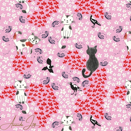 Amanda Joy Fabrics Fabric Cats & Magpies on pink