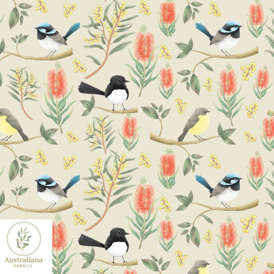 Amanda Joy Fabrics Fabric Cotton sateen / 1 metre / Oat Willie Wagtails, Blue Wren & Robins