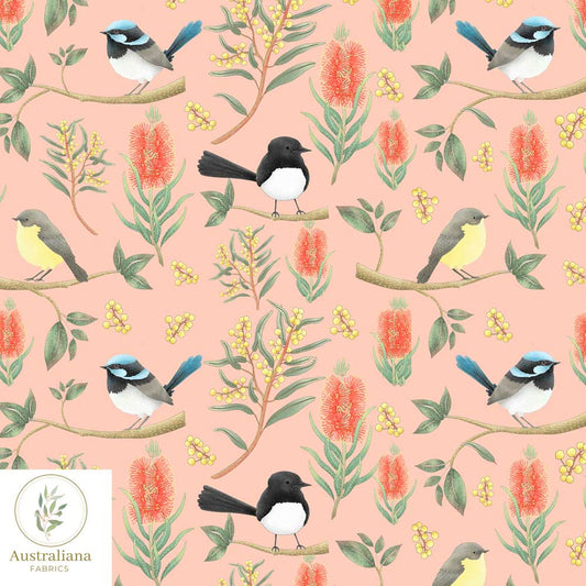 Amanda Joy Fabrics Fabric Cotton Sateen / 1 Metre / Peach Willie Wagtails, Blue Wren & Robins Peach