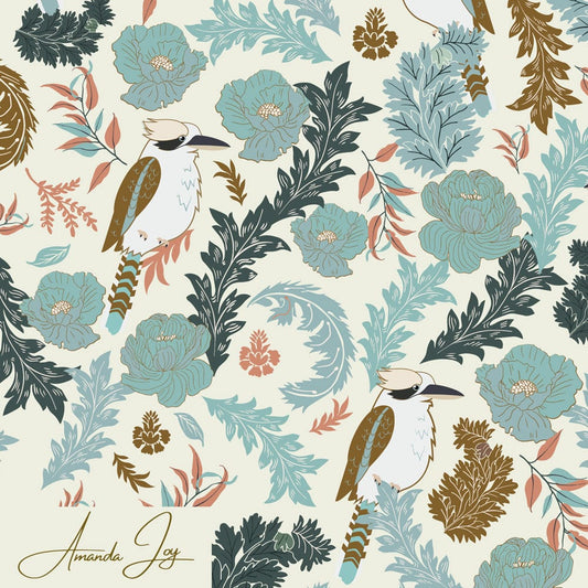 Amanda Joy Fabrics Fabric Organic Cotton Canvas / 1 metre Kookaburra on Cream Soft Furnishings & Upholstery Fabric