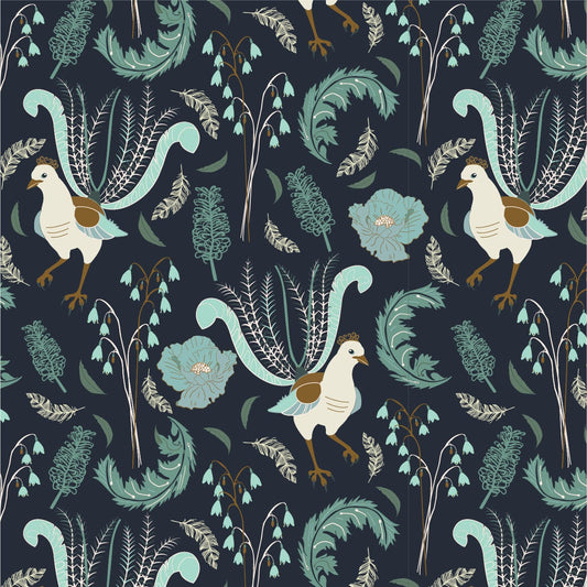 Amanda Joy Fabrics Fabric Organic Cotton Canvas / 1 metre Lyrebird on Navy Soft Furnishings & Upholstery Fabric