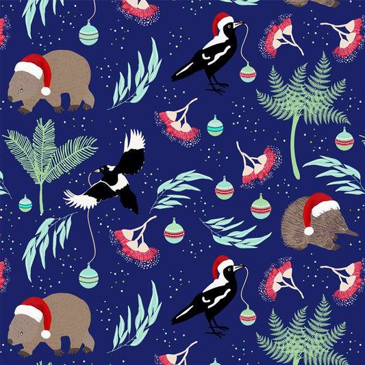 Amanda Joy Fabrics Fabric Premium Quality Woven Cotton sateen 150gsm / 1 metre Aussie Christmas friends blue