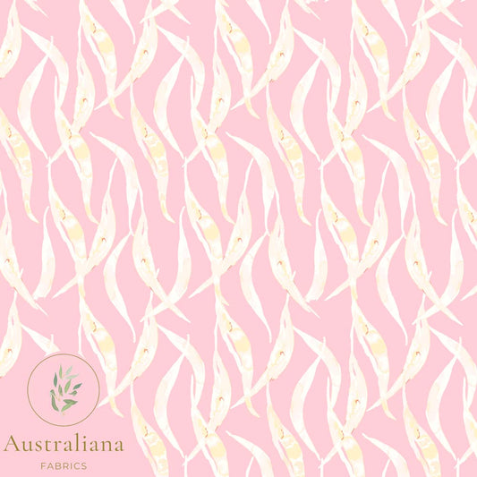 Amanda Joy Fabrics Fabric Premium Quality Woven Cotton sateen 150gsm / 1 Metre (cut continuous) Eucalyptus Leaves Pink
