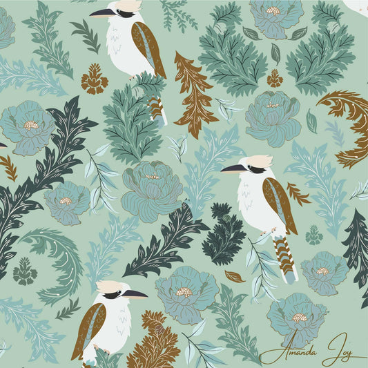 Amanda Joy Fabrics Fabric Premium Quality Woven Cotton sateen 150gsm / 1 Metre Elegant Kookaburra on Green