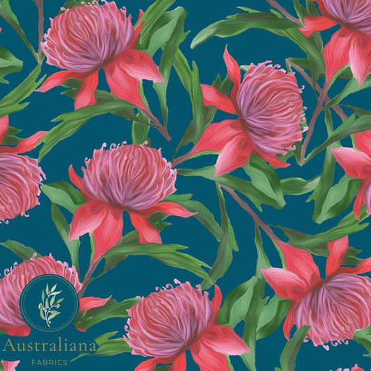 Amanda Joy Fabrics Fabric Premium Quality Woven Cotton sateen 150gsm / Length 50cm (Cut Continuous) Waratah on Blue